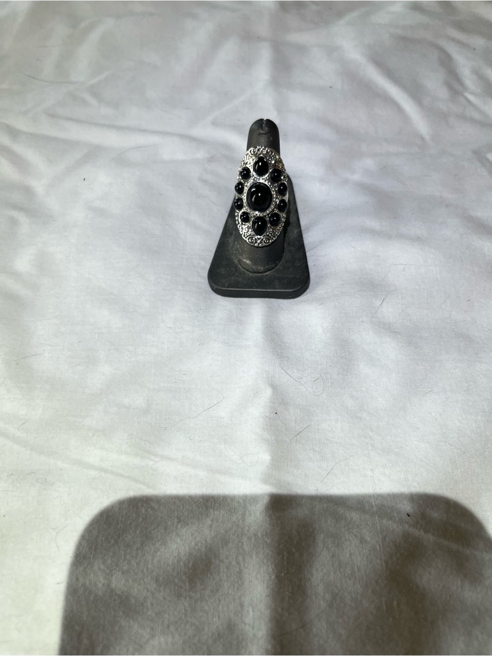 Sterling-Style Silver Ring with Black Gemstone Accents